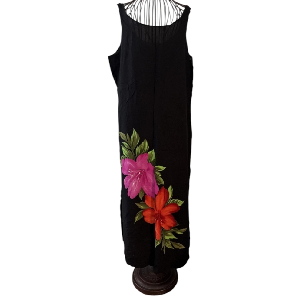 Vtg Y2K Longitude Black Floral Maxi Coverup Dress Made USA Size L Large